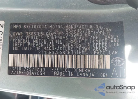 2006 Toyota Corolla Ce из США, поврежденный, VIN 2T1BR32E56C619460